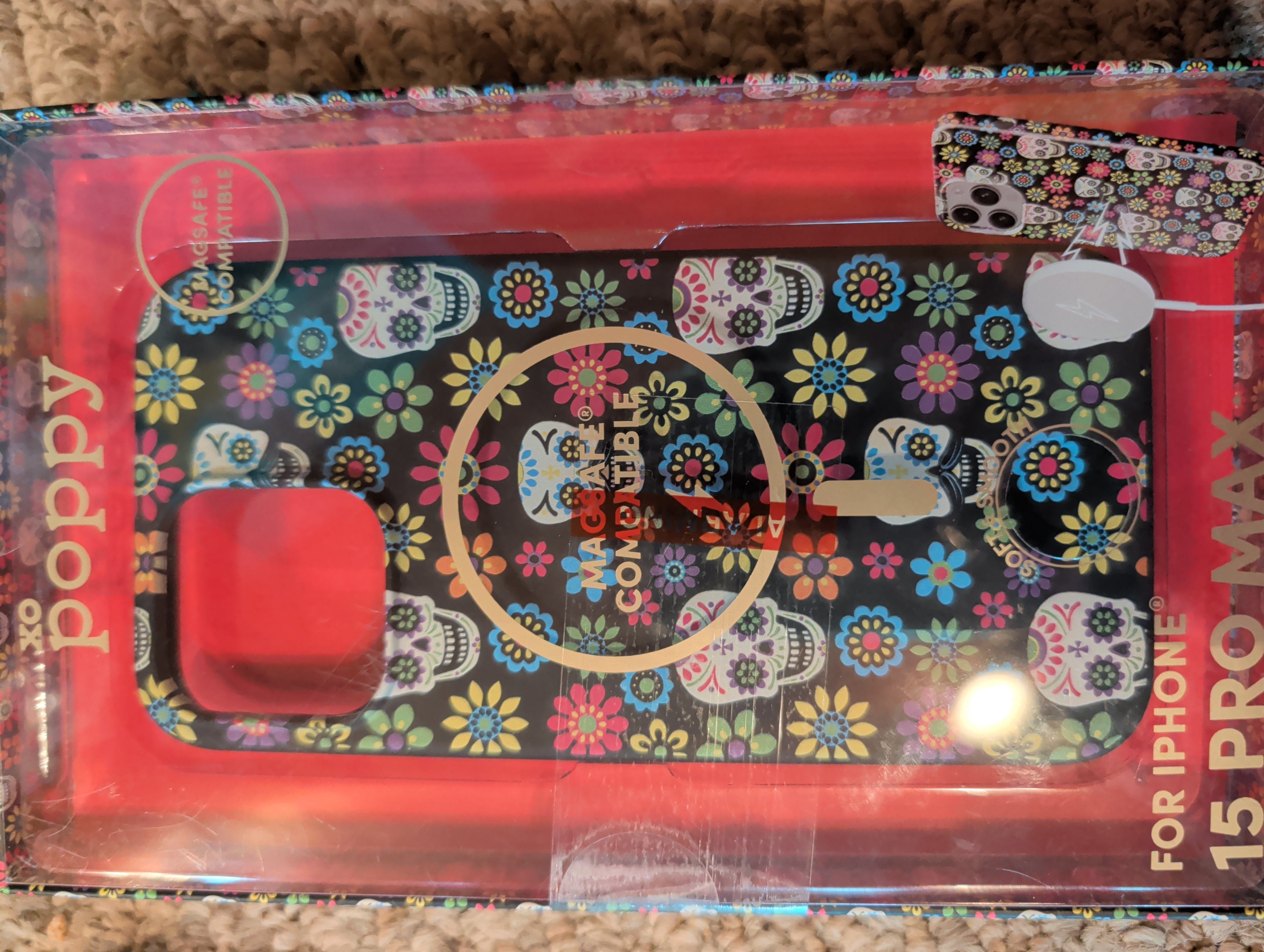 XO Poppy iPhone 15 Pro Max Case - Sugar Skull Dia de los Muertos Print (MagSafe & Wireless Charging). New!