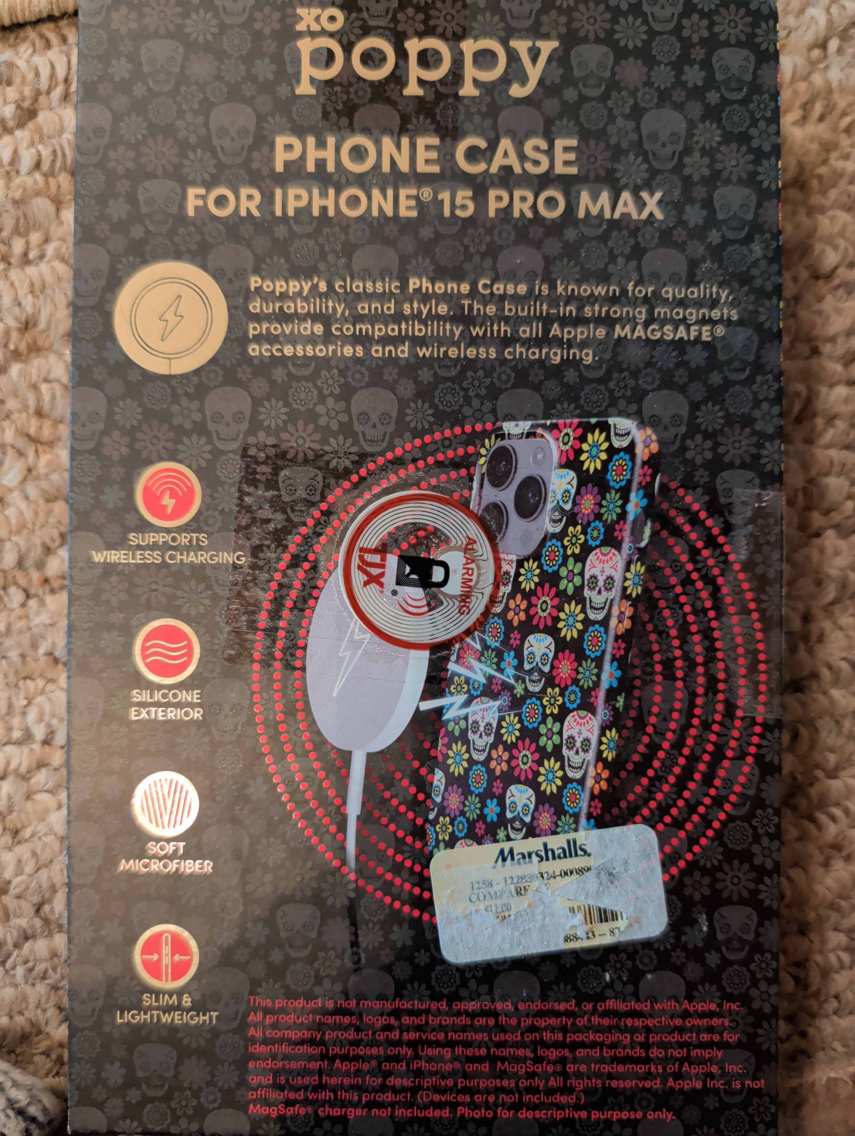 XO Poppy iPhone 15 Pro Max Case - Sugar Skull Dia de los Muertos Print (MagSafe & Wireless Charging). New!